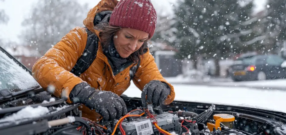cold-cranking-blog-950×450 A woman in the cold examines her car battery