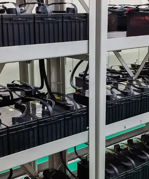 A rack of UPS batteries