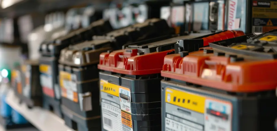A row of car batteries on a store shelf